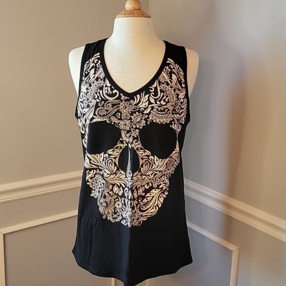 Vocal Tops - VOCAL Black Ivory Rhinestone Paisley Floral Skull Graphic Biker Punk Tank Top L